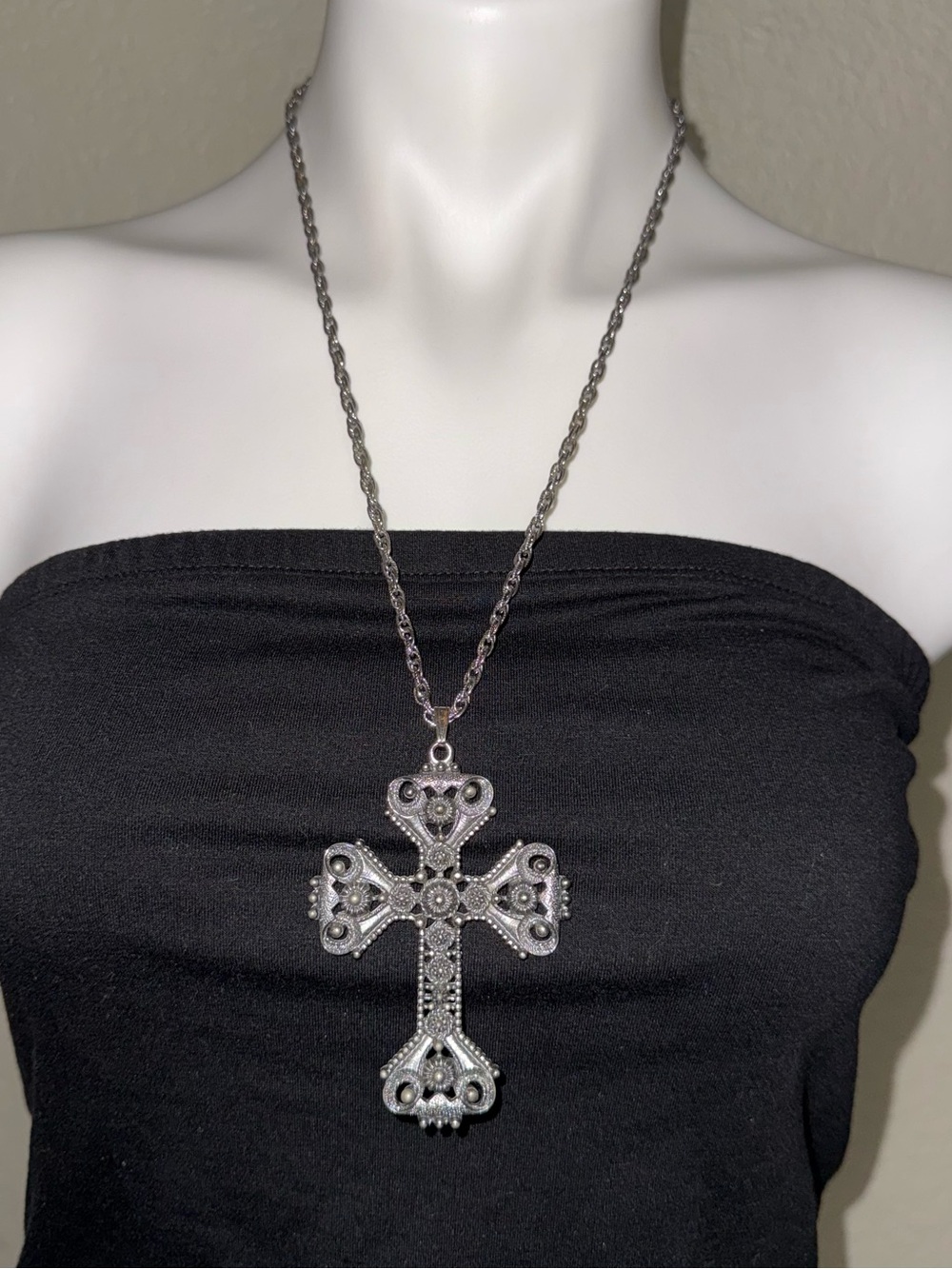 Big Silver-Tone Filigree Cross Pendant Necklace